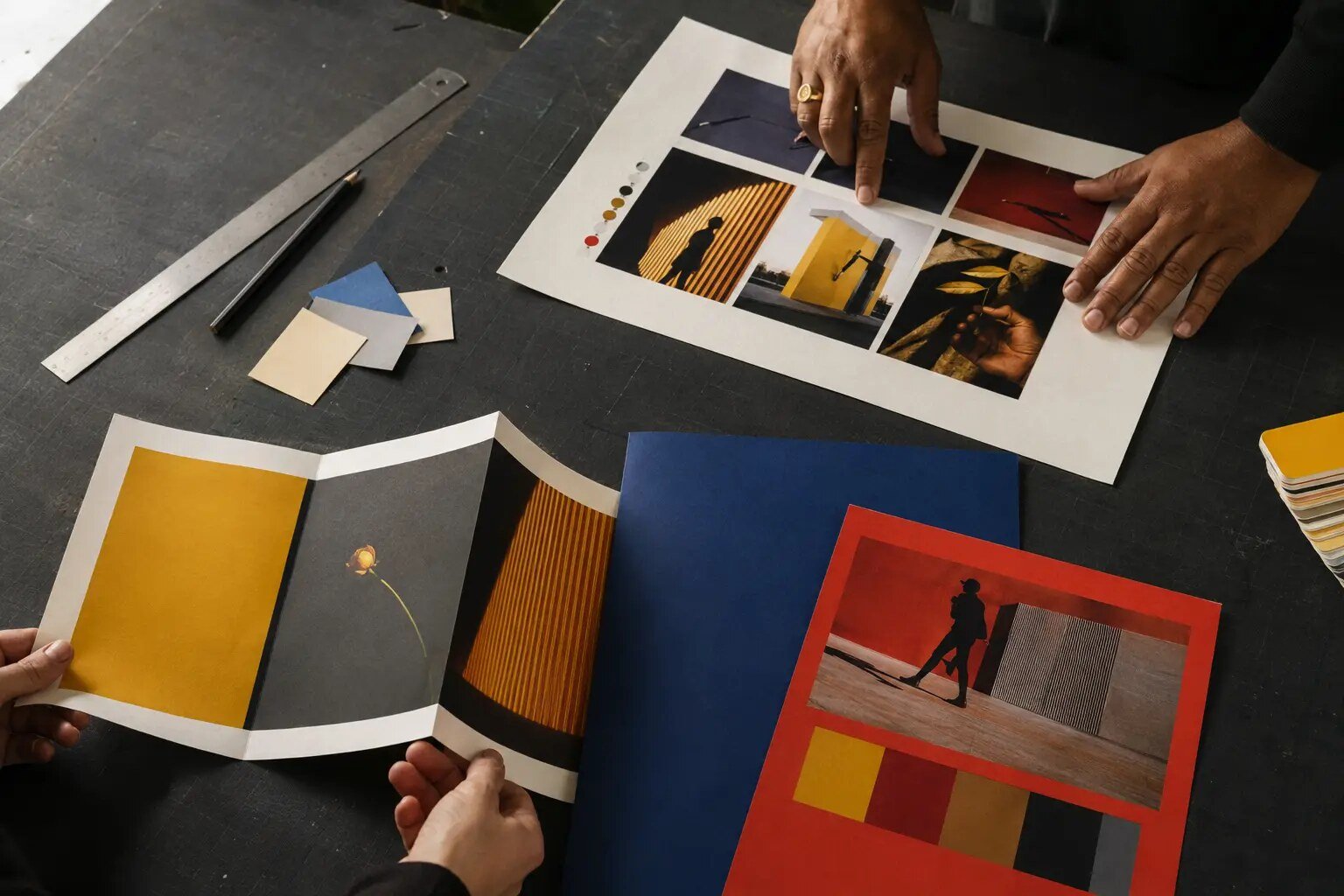 Hands arranging printed campaign materials, color samples, and brand proofs