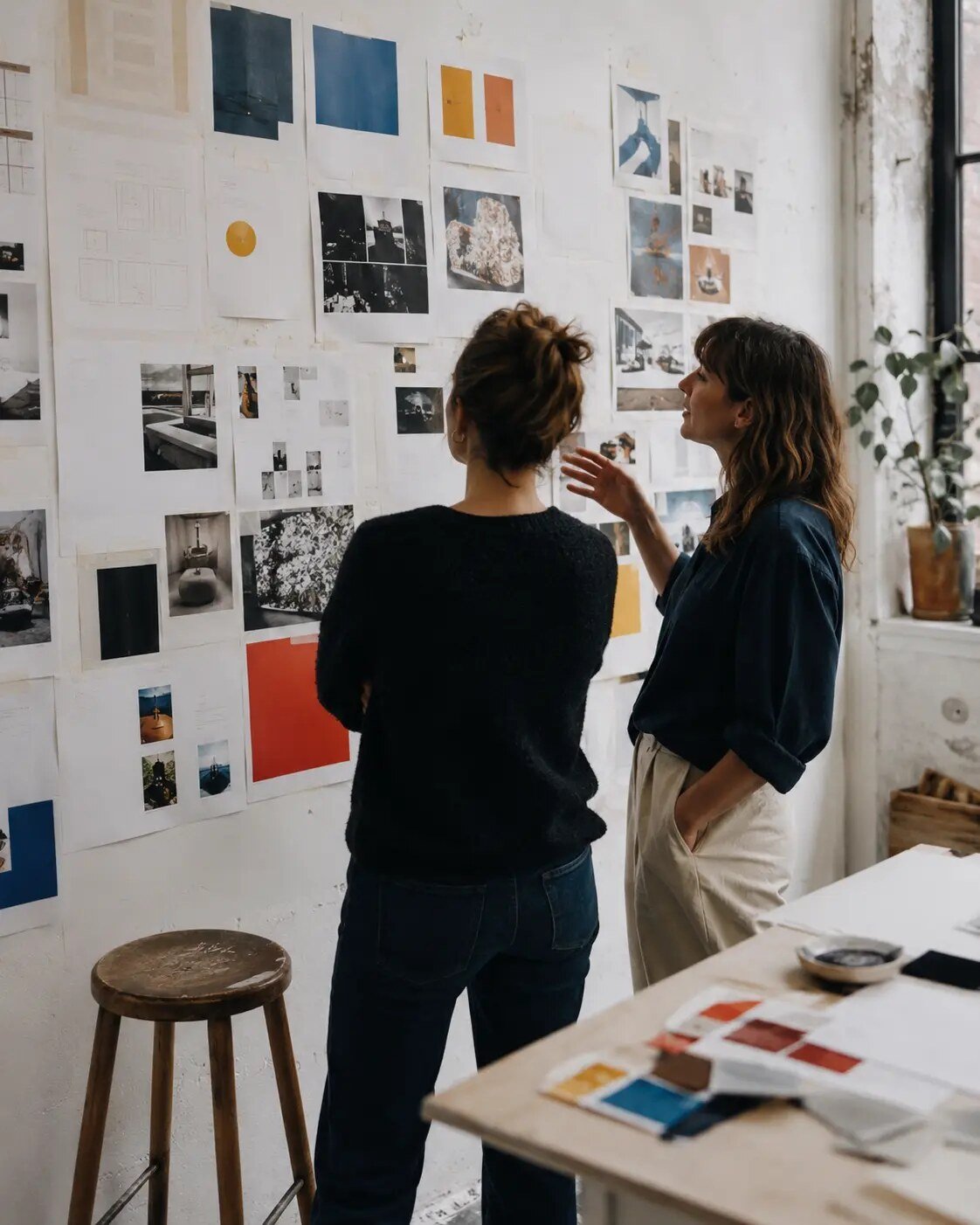 Two professionals reviewing campaign materials on a studio wall